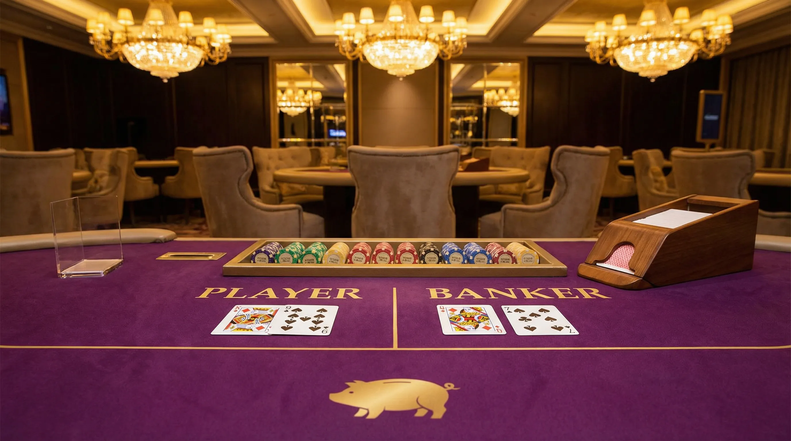 Mesa de bacará con cartas elegantes y cerdo dorado